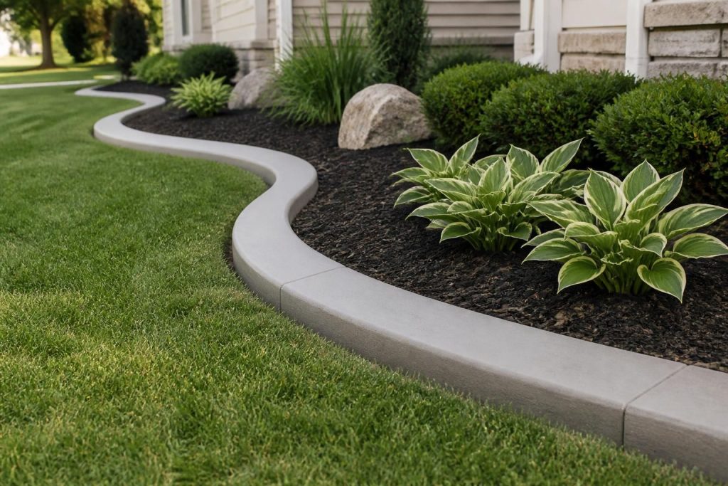 Fresh concrete curbing borders a manicured lawn and garden bed.