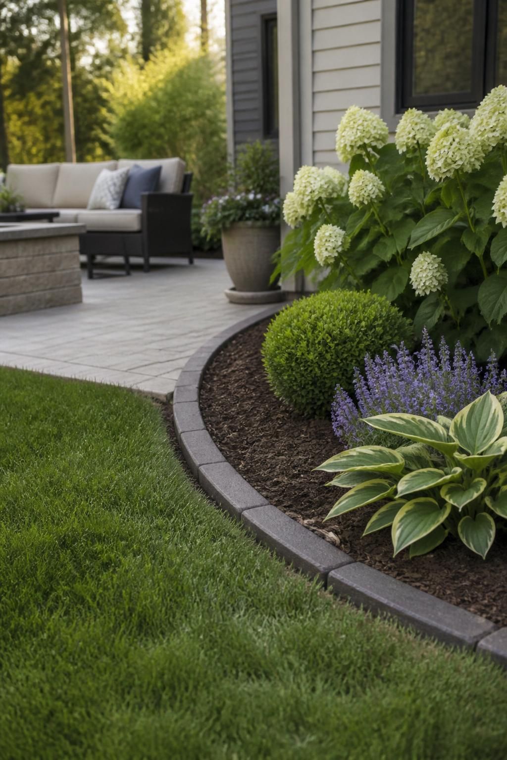 Finished garden edging around a patio and landscaped bed.